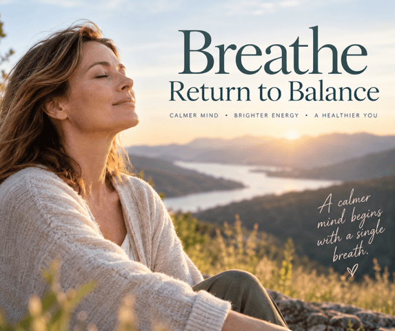 Woman sitting outdoors at sunrise with eyes closed, breathing calmly, beside the words Breathe, Return to Balance